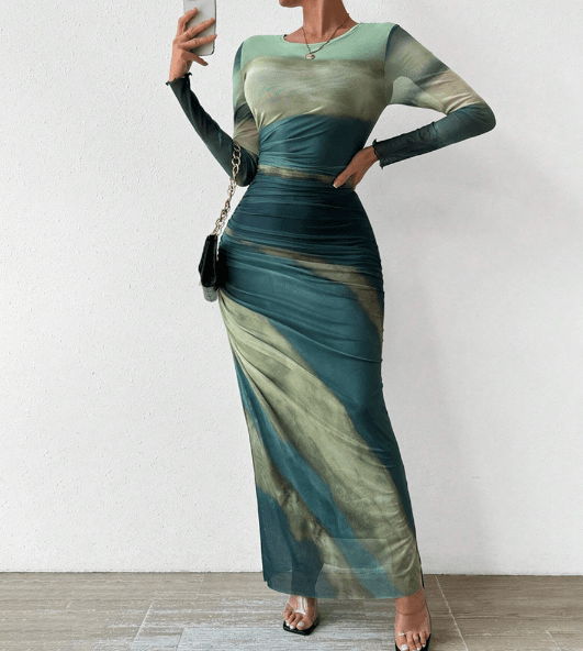 Wrap Maxi Dress - Autumn Long Sleeve Contrast Trim - HalleBeauty