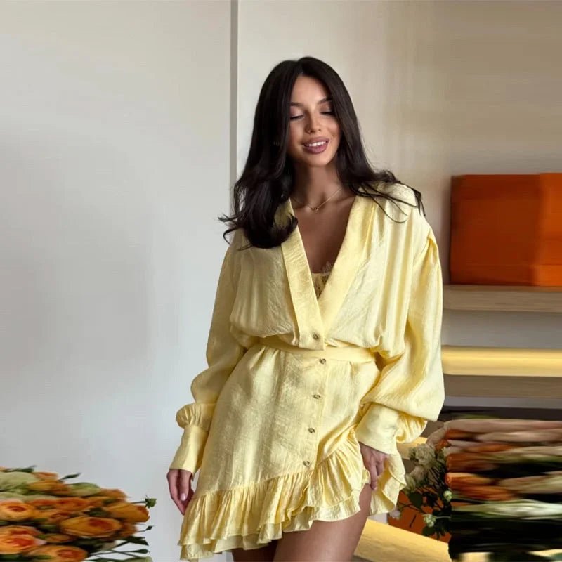 V-neck ruffled mini dress in soft, flowy fabric - HalleBeauty