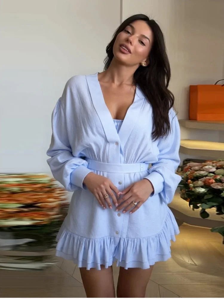 Summer mini dress with ruffle details and deep V-neck - HalleBeauty