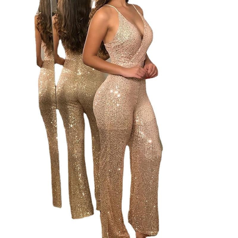 Champagne Sequin Suspenders Jumpsuit for Women - Glamorous & Chic - HalleBeauty