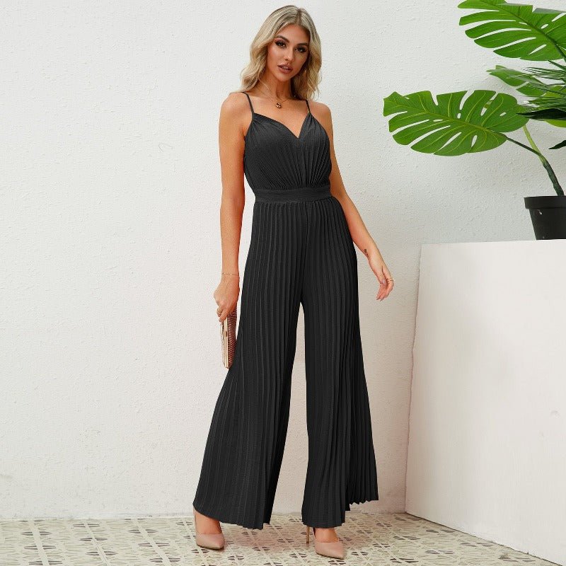 Chic V-Neck Suspender Pleated Jumpsuit - Solid Color & Loose Straight Pants - HalleBeauty
