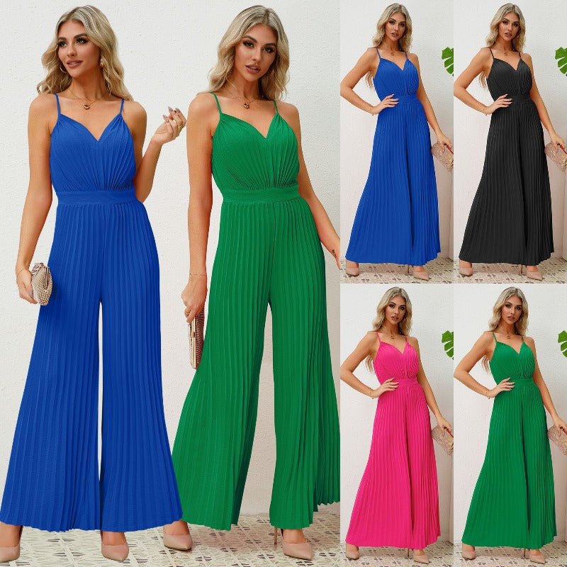 Chic V-Neck Suspender Pleated Jumpsuit - Solid Color & Loose Straight Pants - HalleBeauty
