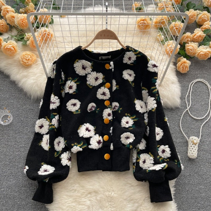 Chic Women's Retro Short Cardigan - Slim Fit, Single-Breasted with 3D Flower Detail - HalleBeauty