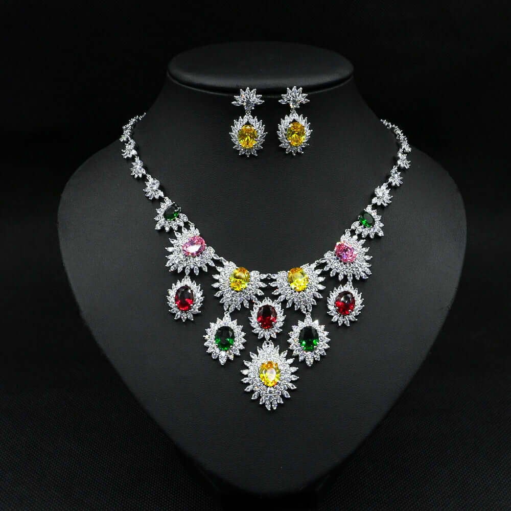 Vibrant Colorful Zircon Bridal Jewelry Set with Sparkling Multicolored Gemstones
