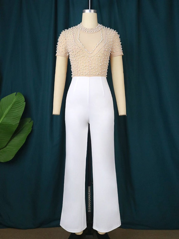 Elegant Beaded Jumpsuit with Round Neck & Short Sleeves - HalleBeauty