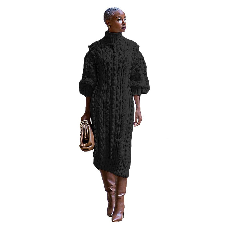 Elegant Women's Long Knitted Dress - Casual Turtleneck with Slit Design - HalleBeauty