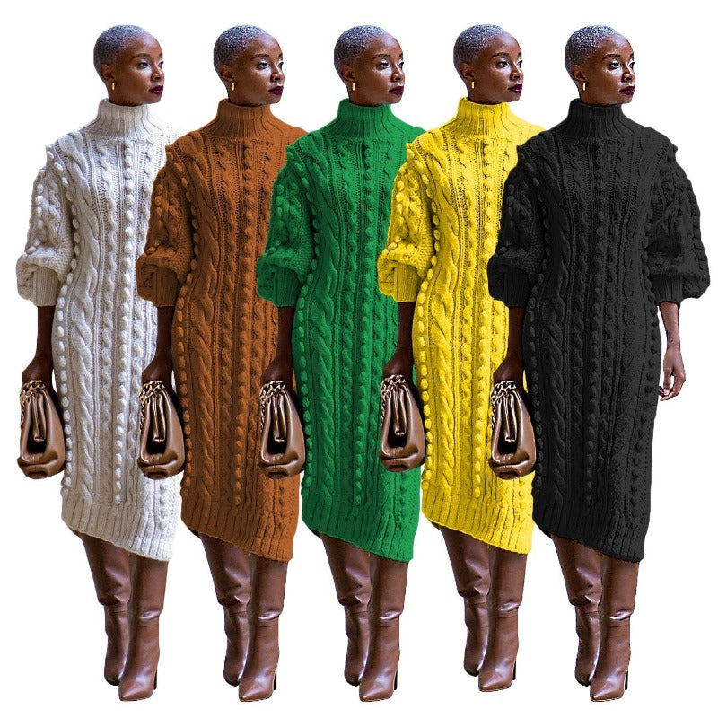 Elegant Women's Long Knitted Dress - Casual Turtleneck with Slit Design - HalleBeauty