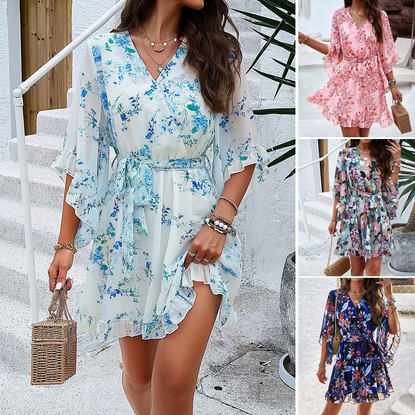 Floral Print Lace-Up Ruffle Dress - Summer V-Neck Fashion for Women - HalleBeauty