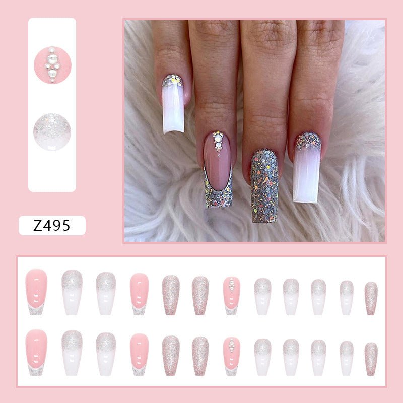 Glittery French Crystal Fake Nails - Trendy Mid-Length Style - HalleBeauty