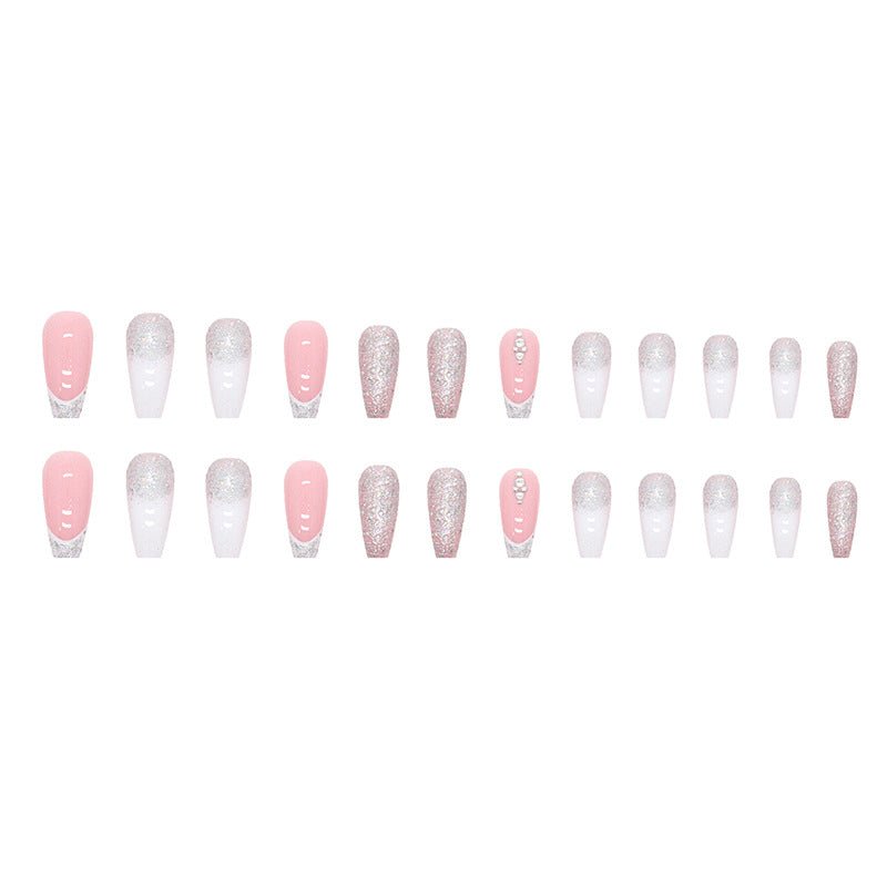 Glittery French Crystal Fake Nails - Trendy Mid-Length Style - HalleBeauty