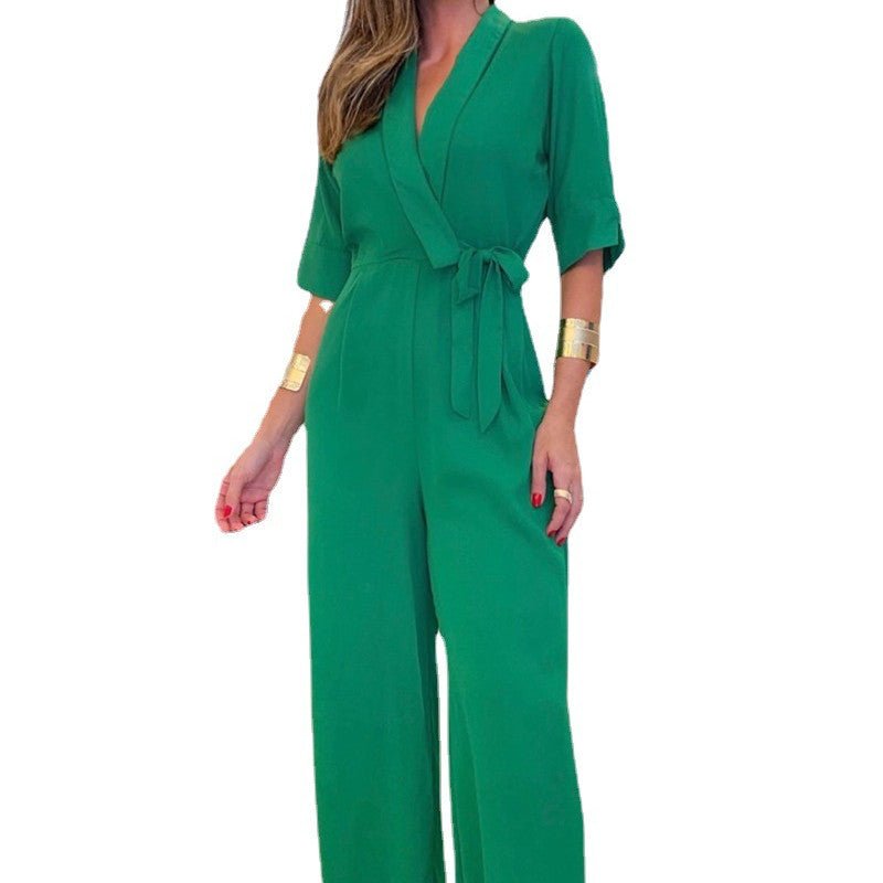 Green Lace-Up Jumpsuit for Women - Mid Sleeve & Lapel Design - HalleBeauty