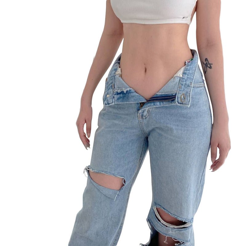 High-Waisted Wide-Leg Ripped Jeans for Women - Trendy Distressed Denim - HalleBeauty