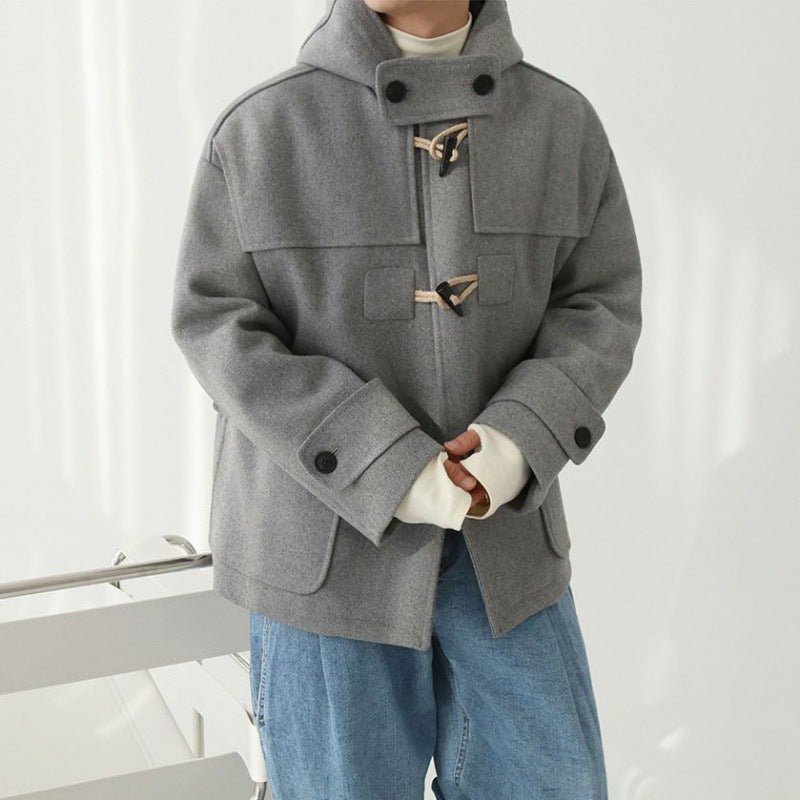 Korean Style Loose Short Woolen Overcoat with Horn Buttons - Warm-keeping Cotton Winter Clothing - HalleBeauty