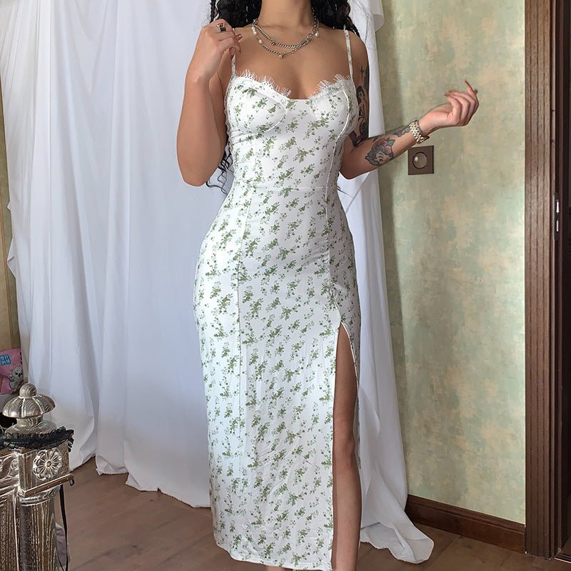 Lace Flower Print Long Dress - Sexy Summer Slit Suspender for Women - HalleBeauty