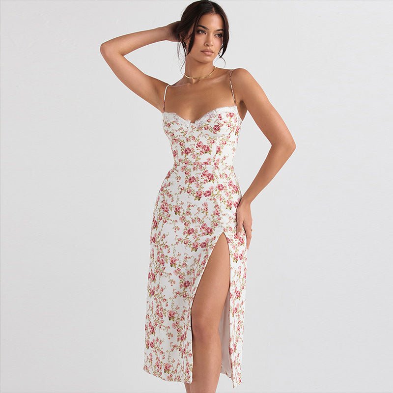Lace Flower Print Long Dress - Sexy Summer Slit Suspender for Women - HalleBeauty