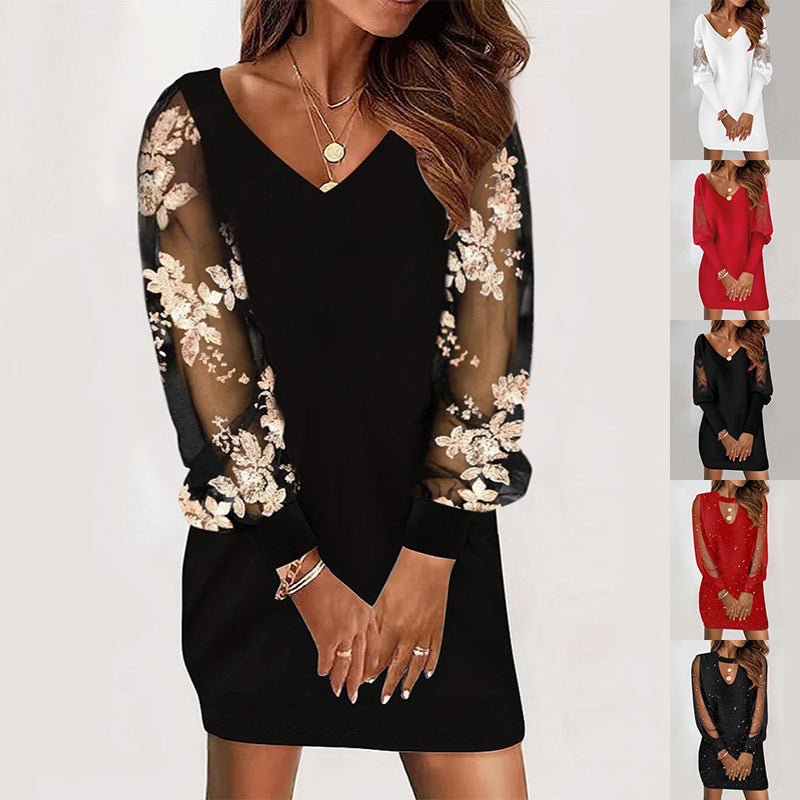 Lace Spliced V-Neck Dress for Women - New Spring/Autumn Style - HalleBeauty