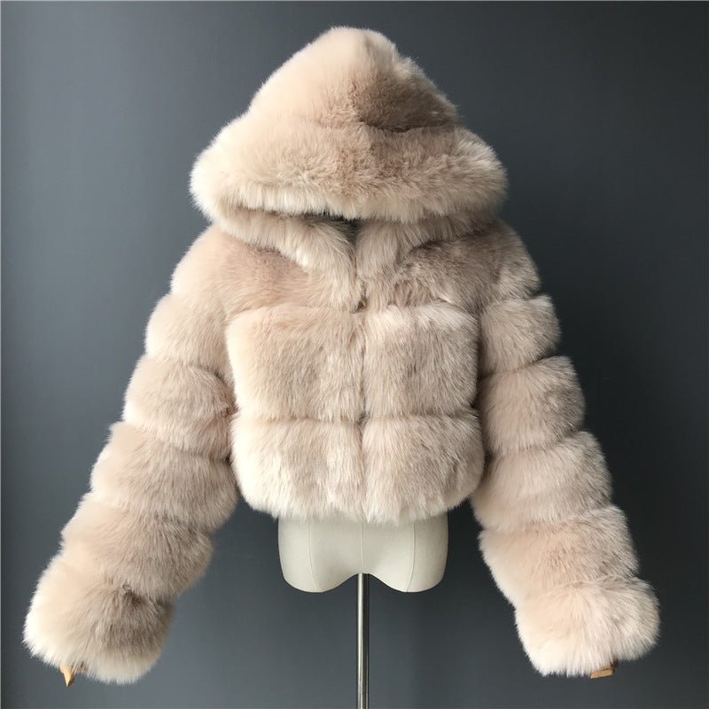 Luxurious Short Faux Fur Coat with Hood - Elegant Long Sleeve Winter Jacket for Women - HalleBeauty