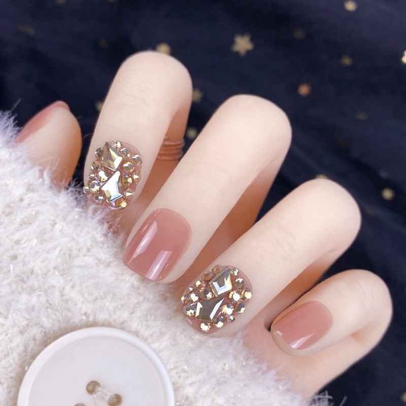 Luxury Champagne Gold Full Diamond Manicure Patches: Premium Finished Fake Nails - HalleBeauty