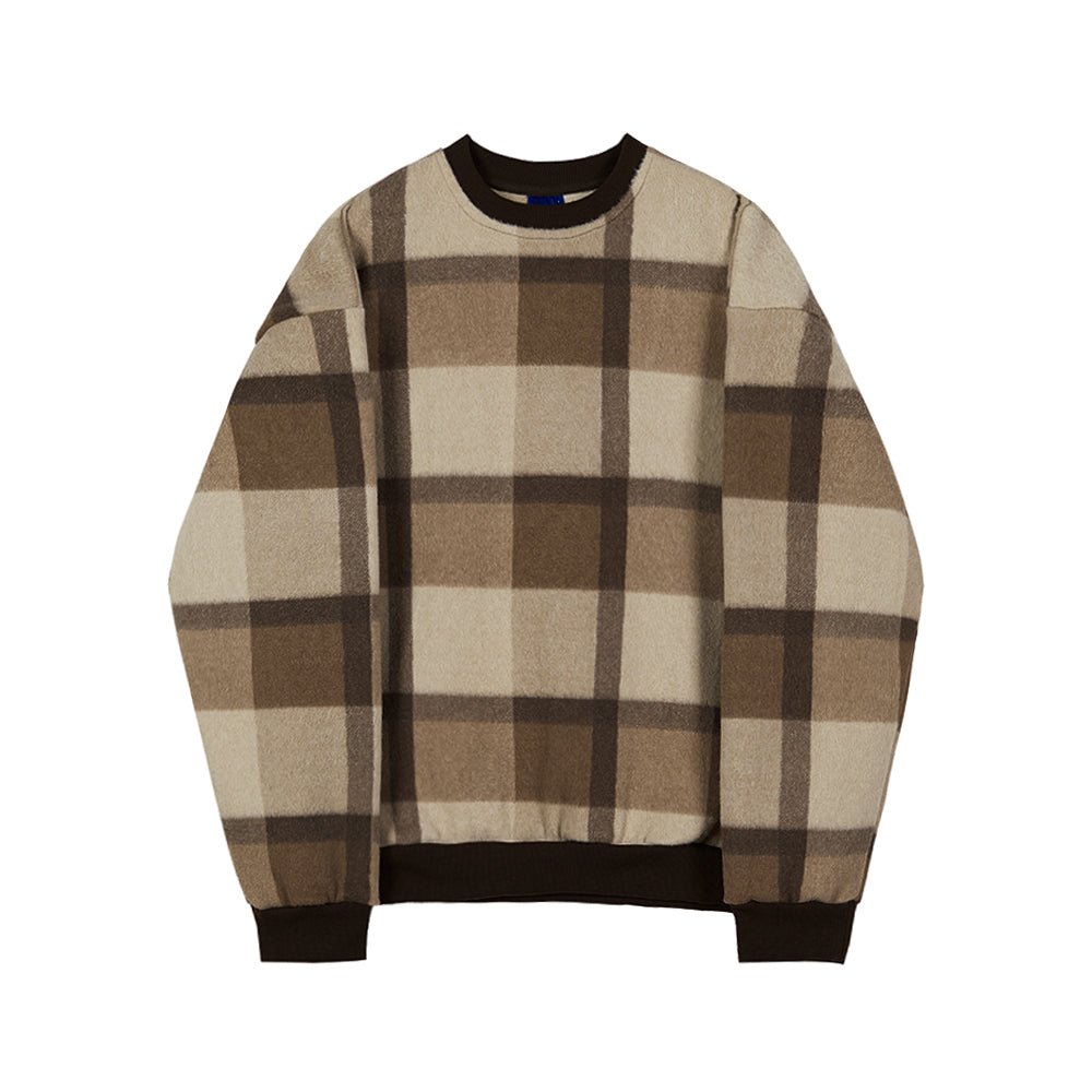 Men's Trendy Plaid Sweater - Loose Fit Plush Round Neck Top - HalleBeauty