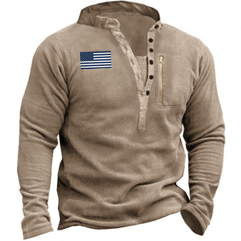 Men's V-Neck Fleece Sweater with Buttons - HalleBeauty