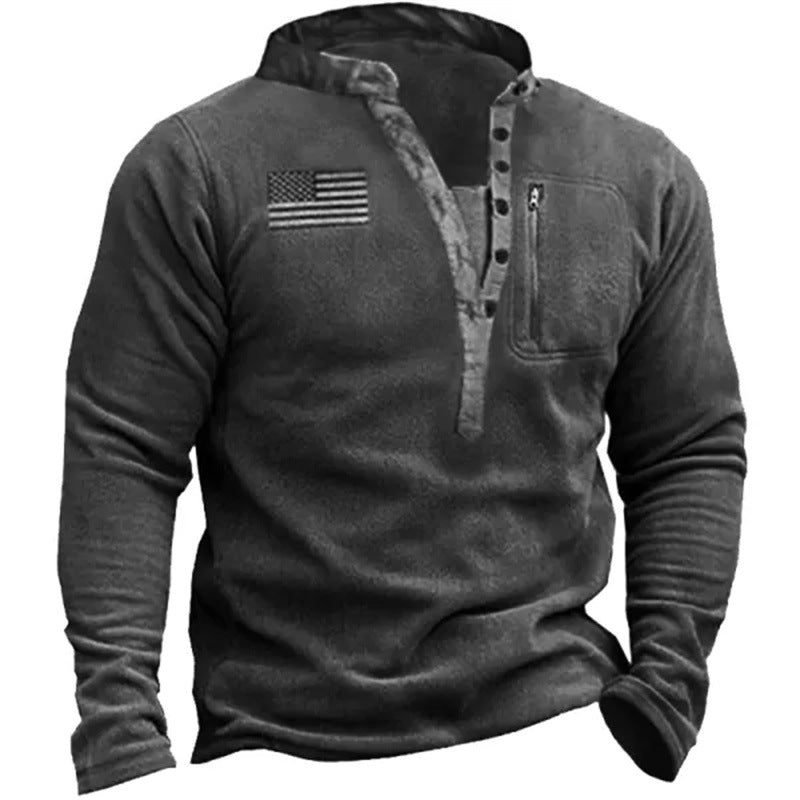 Men's V-Neck Fleece Sweater with Buttons - HalleBeauty