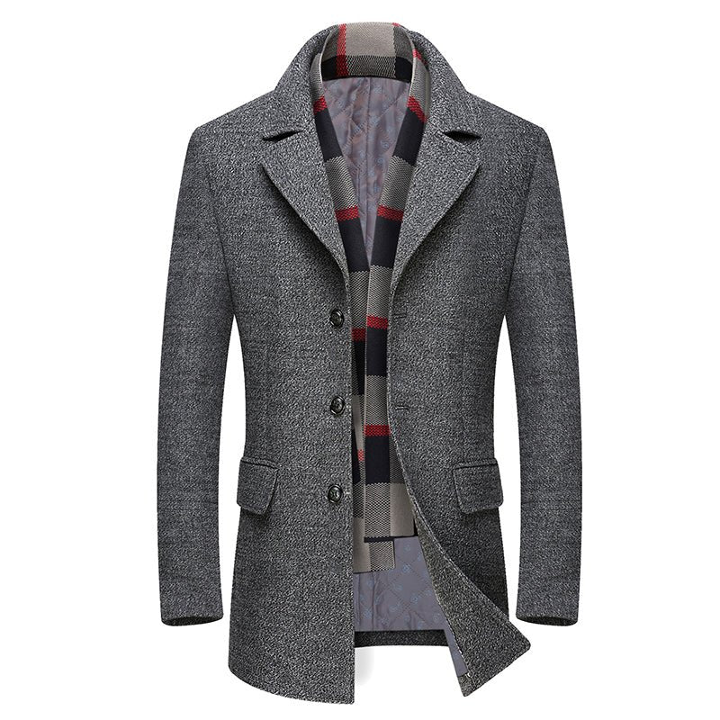 Men's Winter Wool Overcoat with Detachable Scarf Collar - Thick and Fitted - HalleBeauty