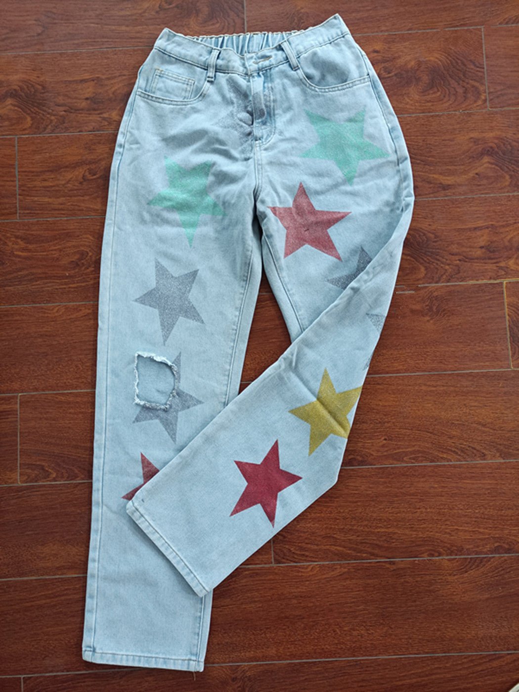 Sequined Star Ripped Jeans - Denim Trousers with Printed Stars - HalleBeauty