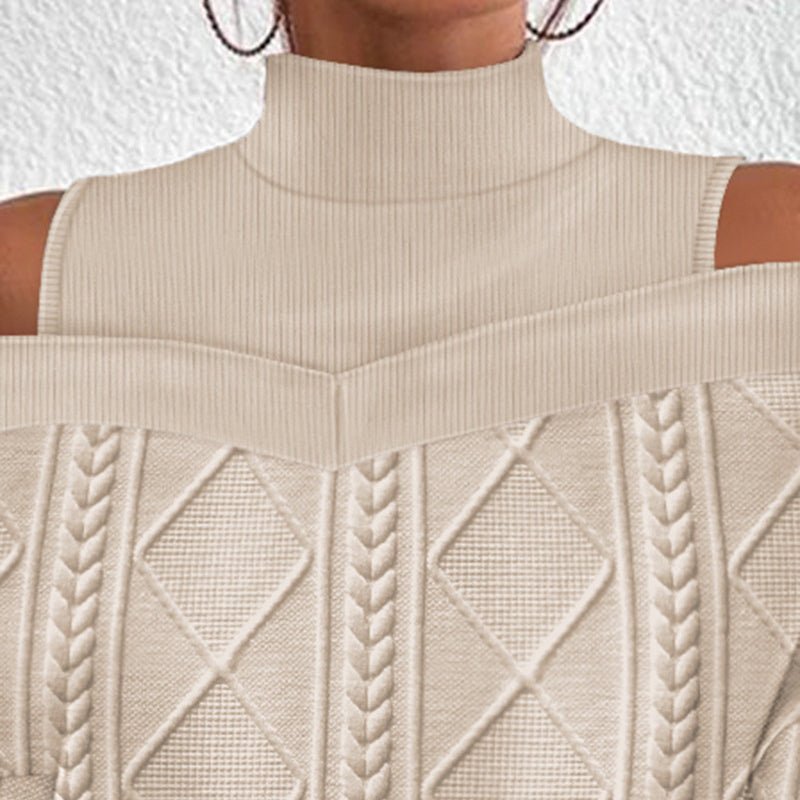 Stylish Long-Sleeved Twist Patchwork Top - Trendy Cold-Shoulder Design - HalleBeauty