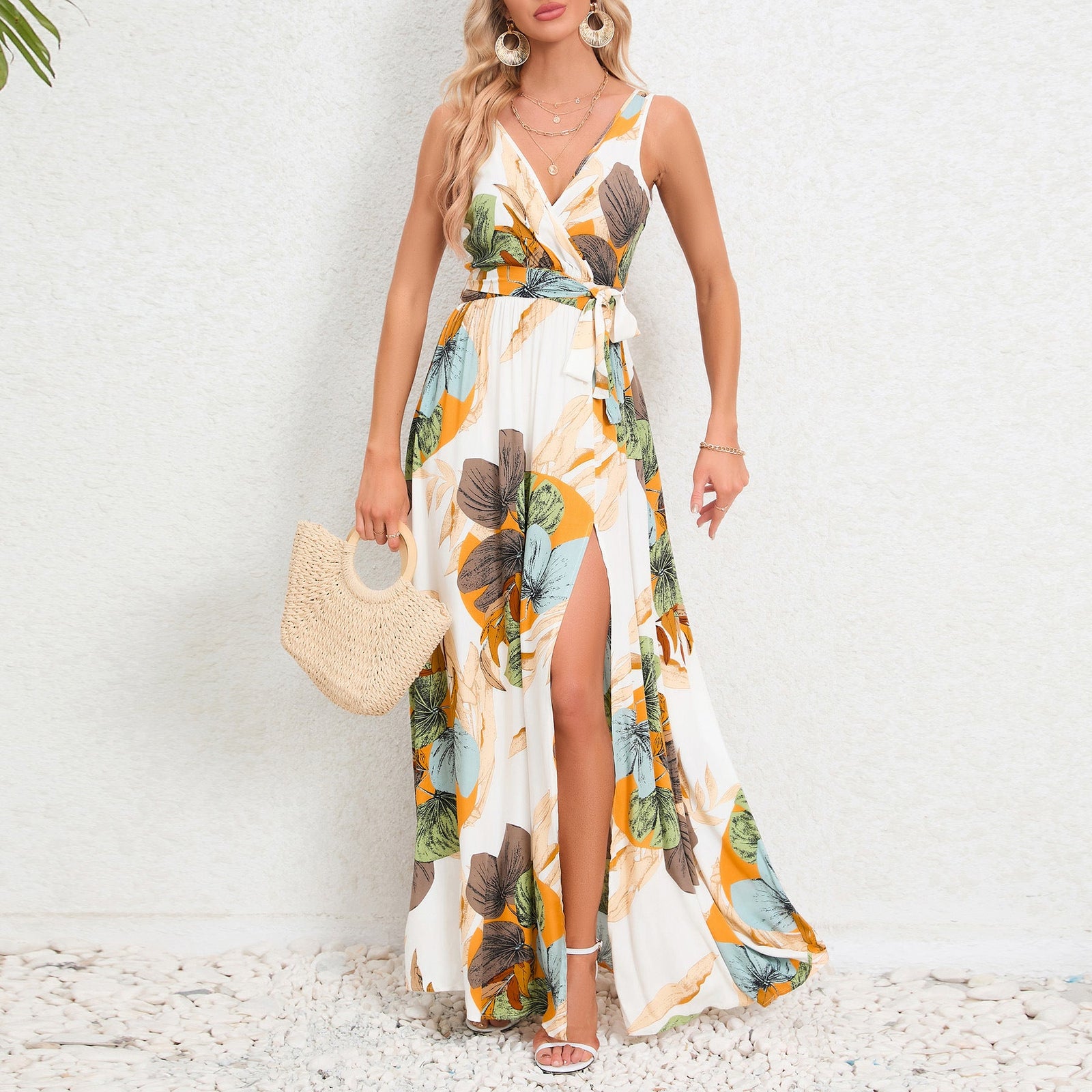 Summer V-Neck Floral Dress: Waist Tie & Slit Sleeveless Fashion