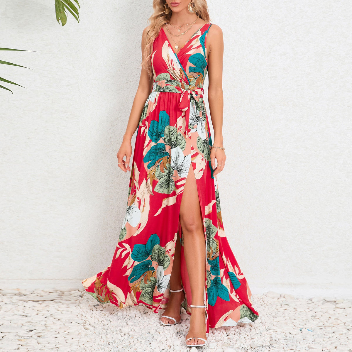 Summer V-Neck Floral Dress: Waist Tie & Slit Sleeveless Fashion