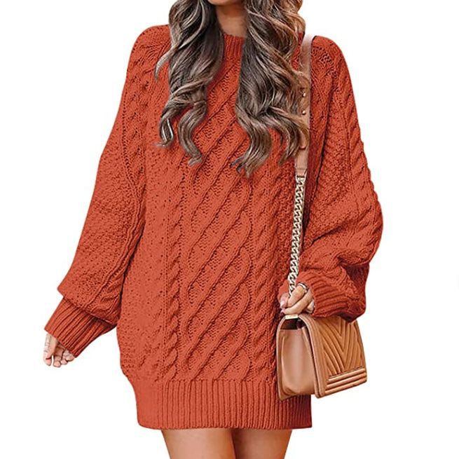 Women's Mid-Length Knitted Sweater Dress - Round Neck, Long Sleeve with Twisted Design - HalleBeauty