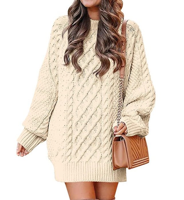 Women's Mid-Length Knitted Sweater Dress - Round Neck, Long Sleeve with Twisted Design - HalleBeauty