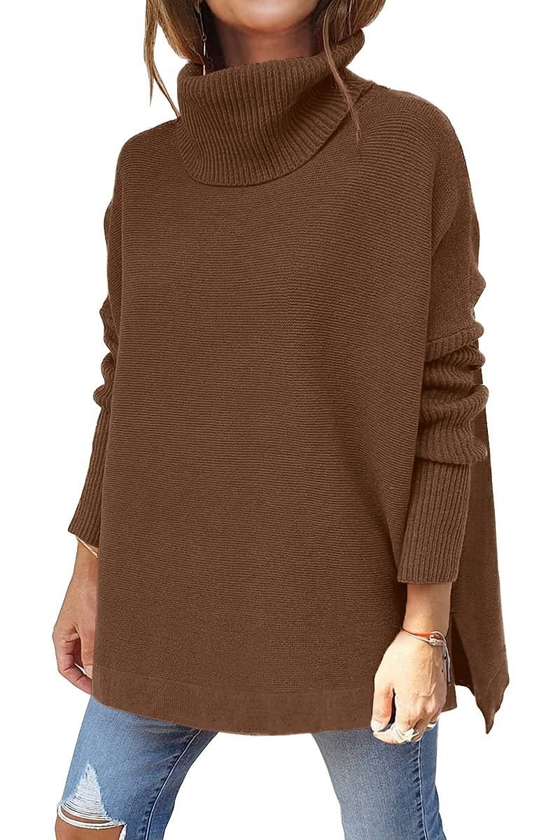 Women's Mid-Length Turtleneck Sweater: Batwing Sleeve, Slit Hem Tunic - HalleBeauty